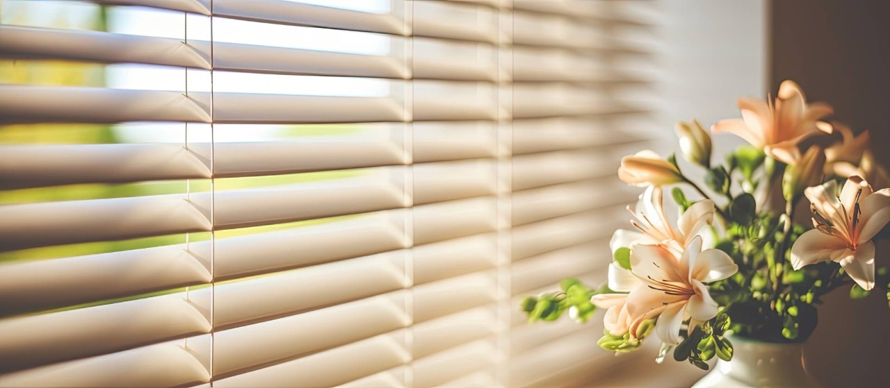 Wood blinds covering a window with a vase of flowers near it at Discount Best Blinds & Shutters near Santa Rosa City in California (CA)
