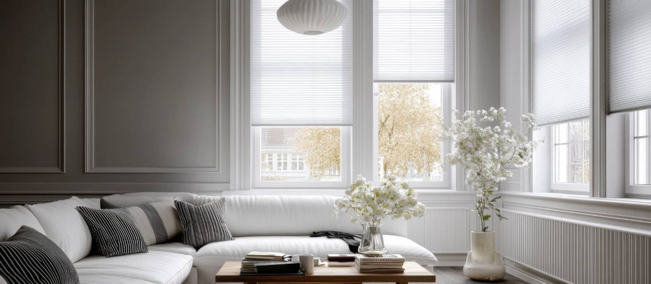 A modern living room with motorized cellular shades on the windows at Discount Best Blinds near Santa Rosa, CA