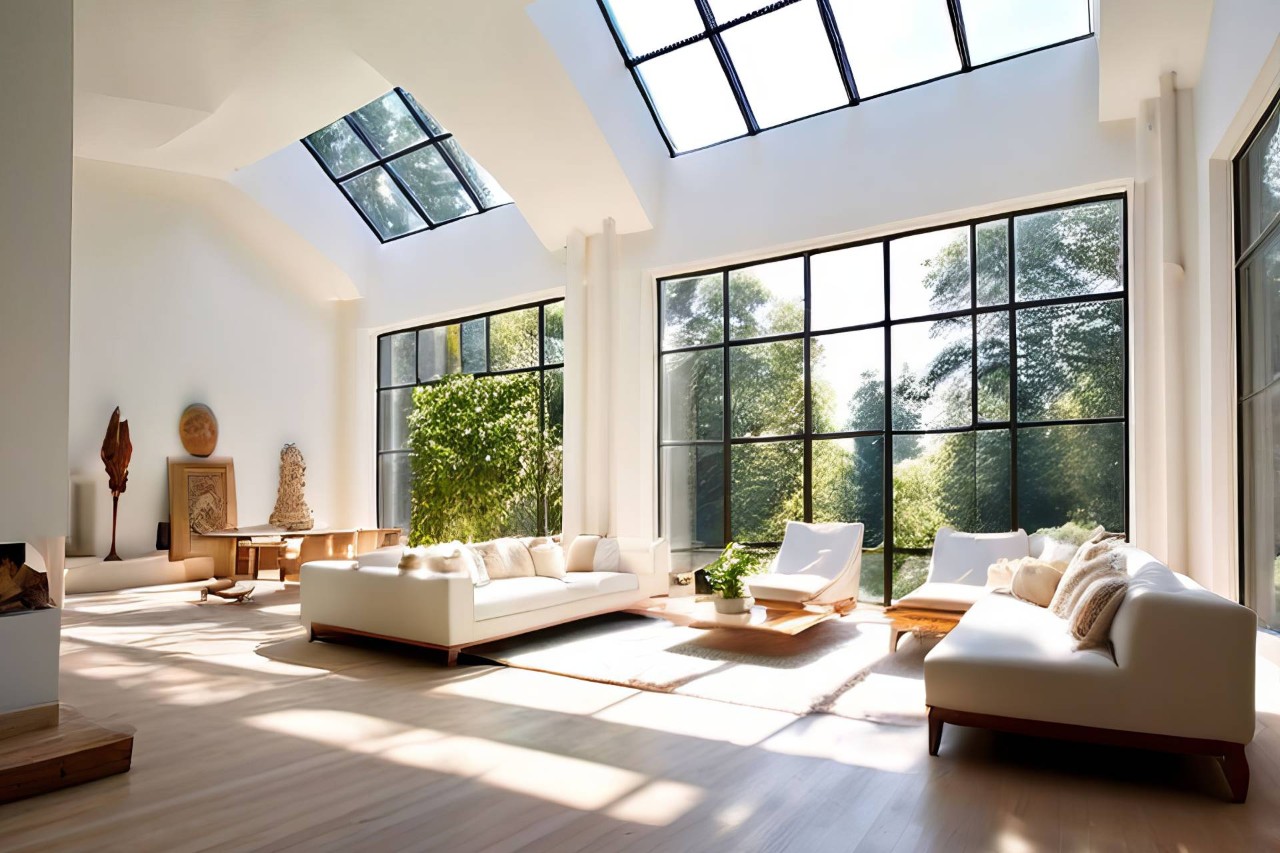 A modern living room with large skylights and floor-to-ceiling windows near Santa Rosa, CA