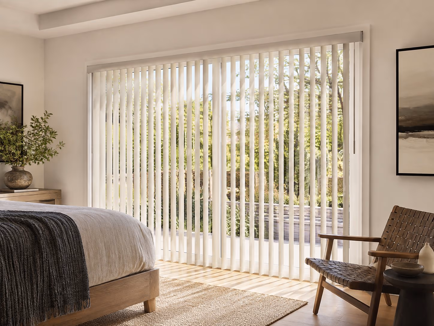 Vertical blinds with rigid louvers and wand control in a bright Sonoma County home — Alta Vertical Blinds installed by Discount Best Blinds of Santa Rosa, CA.