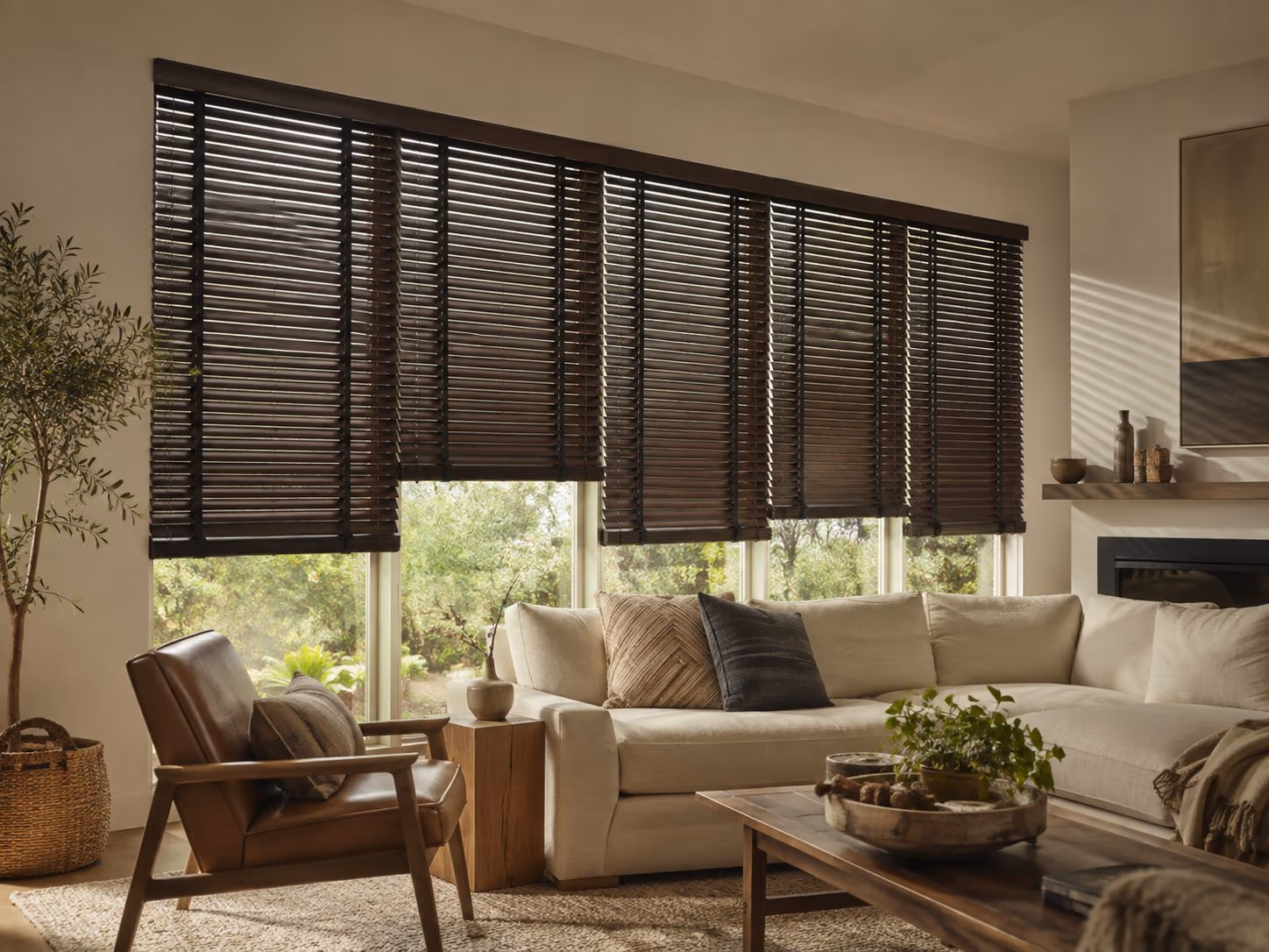 Custom faux-wood horizontal blinds in a bright Sonoma County home — Custom Blinds installed by Discount Best Blinds of Santa Rosa, CA.